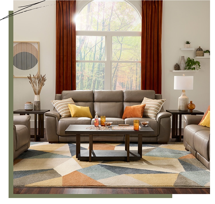 Living room furniture with leafy browns, golds, and copper colors Take a cue from nature