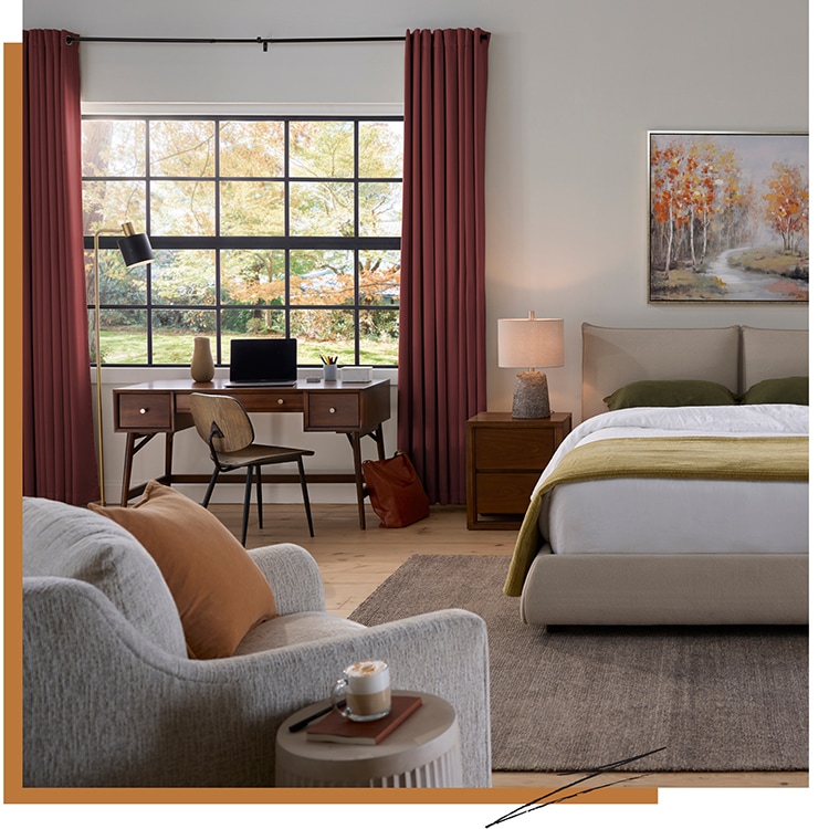 Big open bedroom with desk and fall themed pieces Weave in warmth