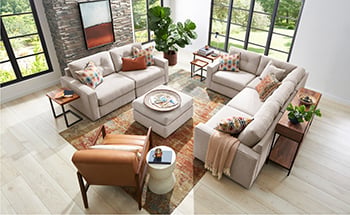 Living room setup in a space-efficient layout Consider room size, layout & flow