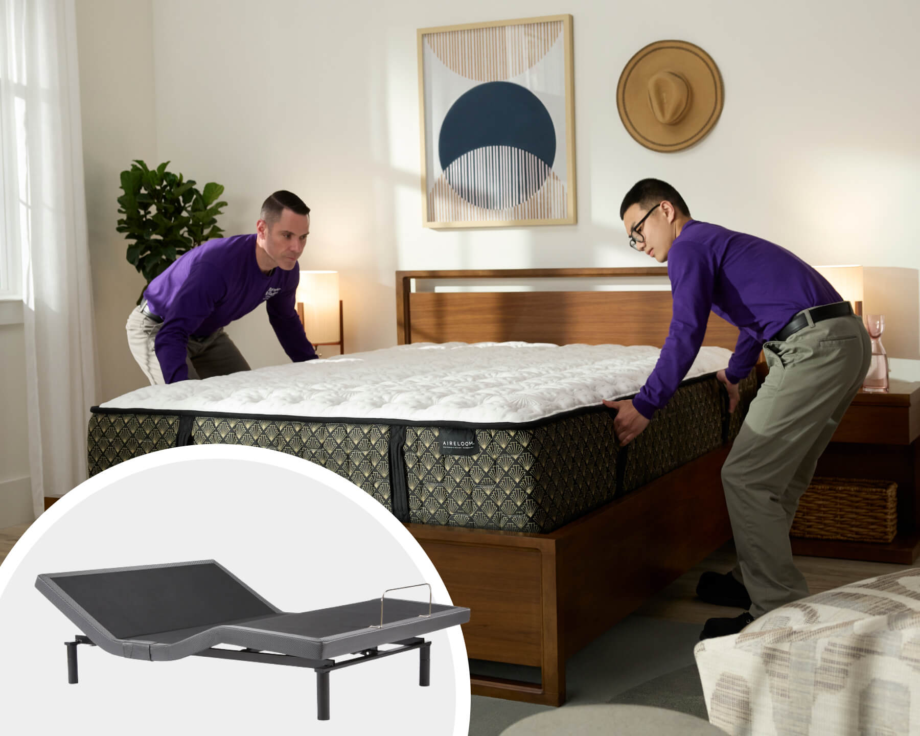 aireloom mattress being installed by delivery team. Popup picture of an adjustable base on lower left side.