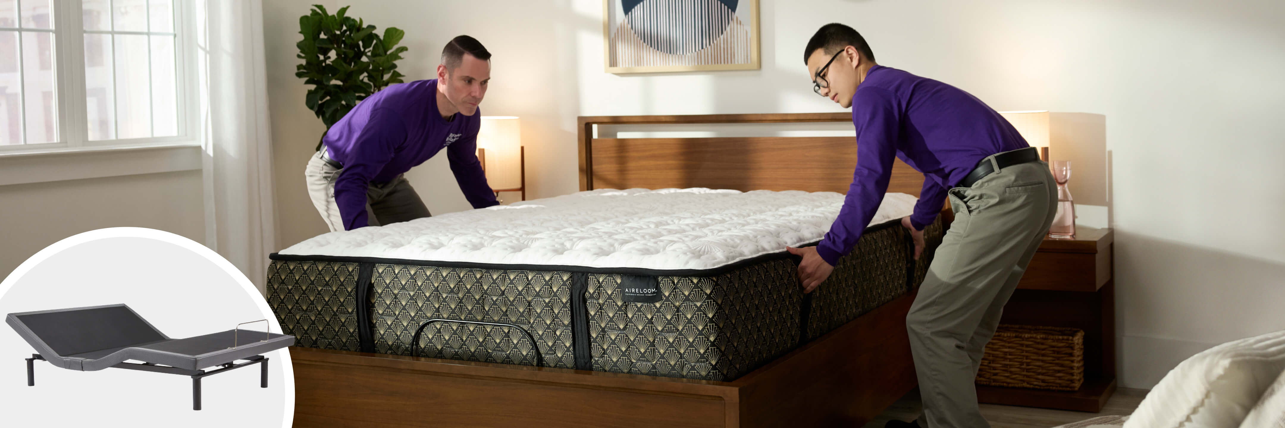 aireloom mattress being installed by delivery team. Popup picture of an adjustable base on lower left side.